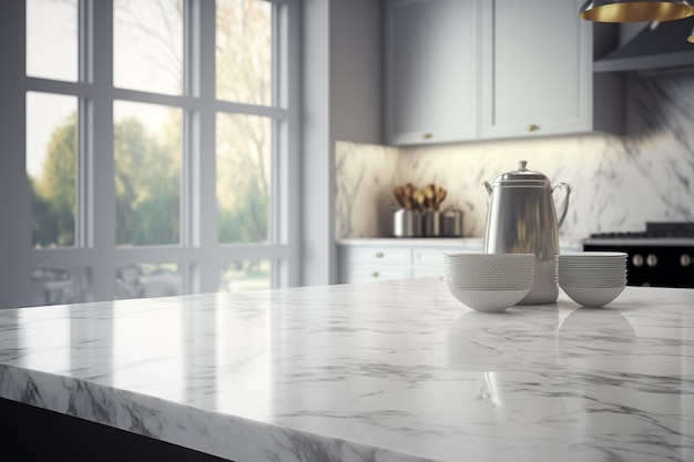 Marble counter tabletop with copy space over blurred modern kitchen background Generative Ai