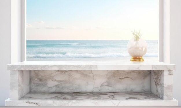 A marble counter with a vase on it and a sea view in the background.