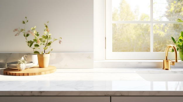 Мраморная столовая с свободным пространством для монтажа продукта или макета с белой кухней в скандинавском стиле на фоне окна с утренним солнечным светом, сгенерированным ИИ