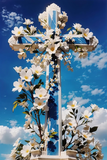 写真 通夜の美しい青空に花と大理石の十字架