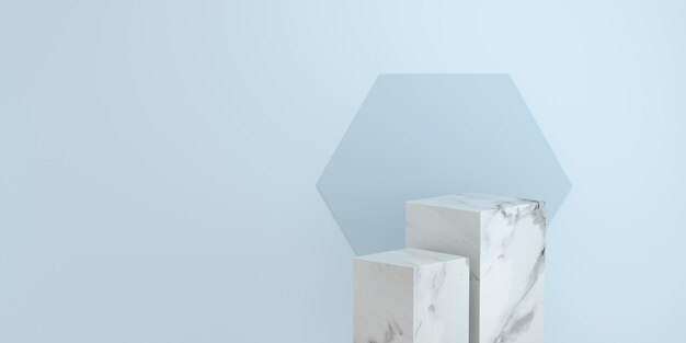 Marble cubes podium for product display on blue background with hexagon minimalist backdrop studio. 3D Rendering.