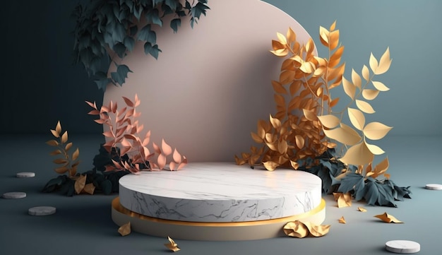 Marble floor with leaves background Mockup for product placement with Generative AI