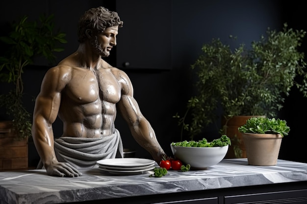 写真 現代のキッチンで料理をしている大理石のギリシャの像