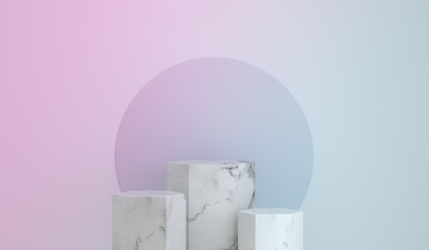 Marble hexagon podium pedestal product display on gradient rainbow background with minimalist backdrop studio