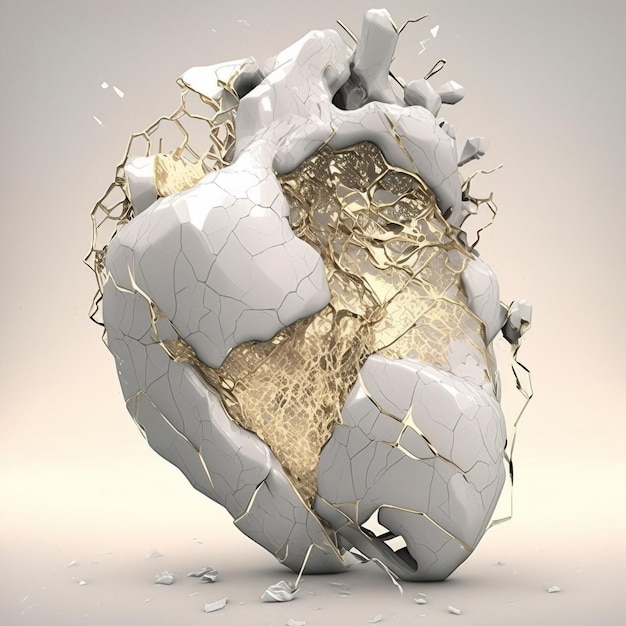 Marble human heart golden 3d render