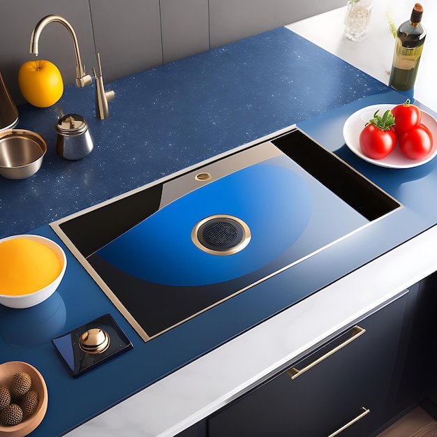 Premium Photo Marble kitchen countertop with space navy blue