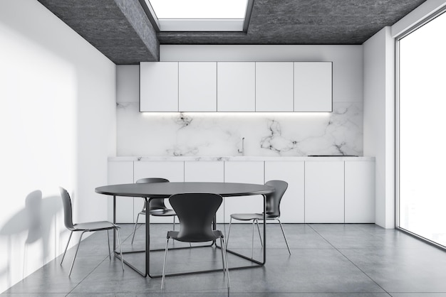 Marble kitchen interior with white cabinets, a loft window, a round table and gray chairs. A blank wall. 3d rendering mock up