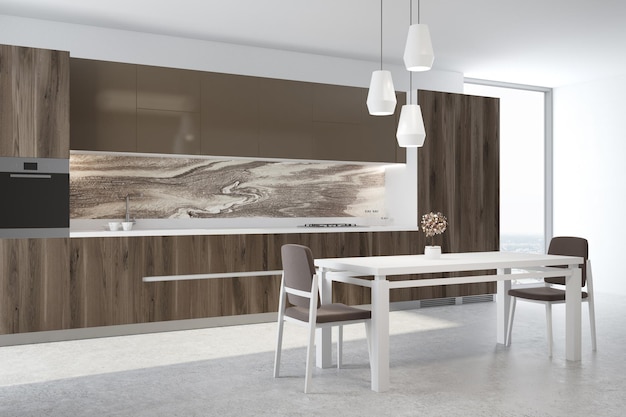 Мраморный интерьер кухни с деревянной столешницей, бетонным полом, большим окном и белым столом со стульями. 3d рендеринг макет
