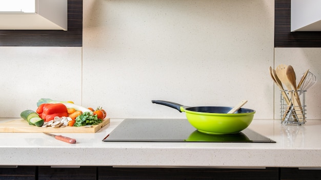 Marble kitchen sink with glass-ceramic - vegetable preparation - copy space .