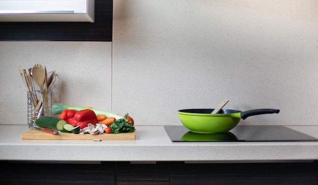 Marble kitchen sink with glass-ceramic - vegetable preparation\
- copy space .