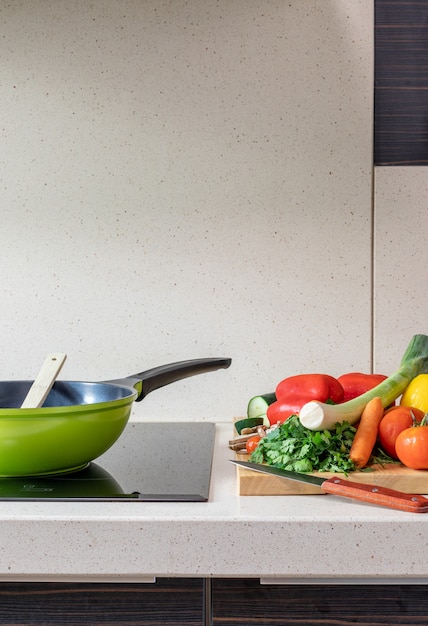 Marble kitchen sink with glass-ceramic - vegetable preparation - copy space .