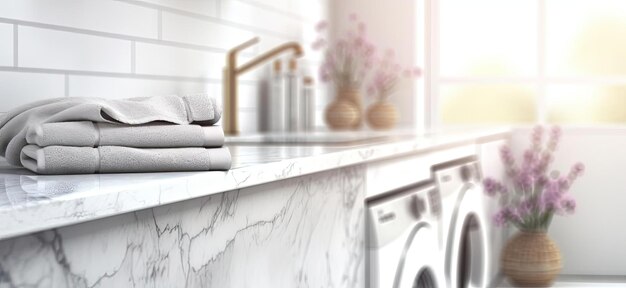 Photo marble laundry room counter with washing machines in the style of bokeh panorama