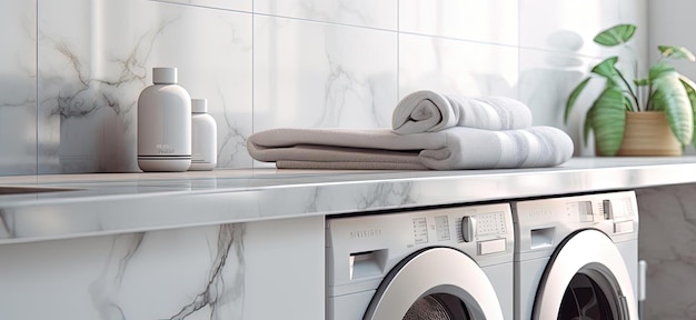 marble laundry room counter with washing machines in the style of bokeh panorama