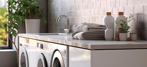 marble laundry room counter with washing machines in the style of bokeh panorama