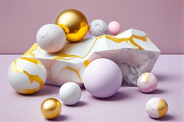 A marble and marble easter egg display with gold and white marbles