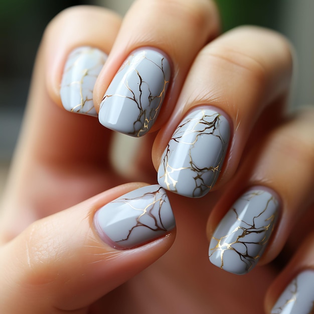 Cute Spring Nails That Will Never Go Out Of Style : Blue and grey nails  with marble gold