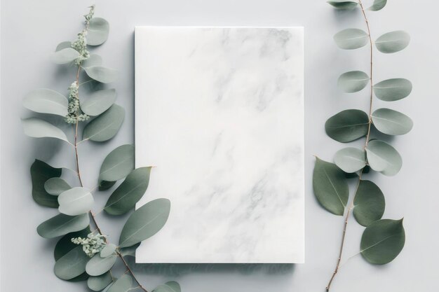 Marble paper blank eucalyptus branches on pastel gray background