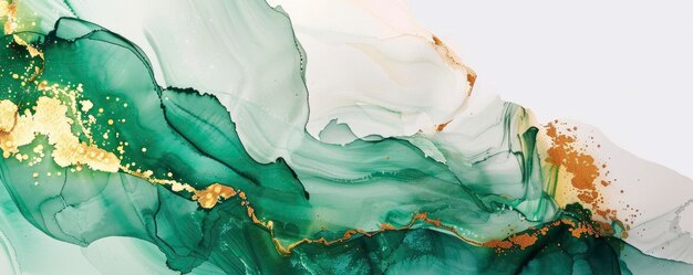 Marble pattern in soft line watercolour alcohol ink painting with shiny gold green and white colours