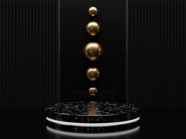 Marble pedestals or podiums with golden frames and decor 3d rendering