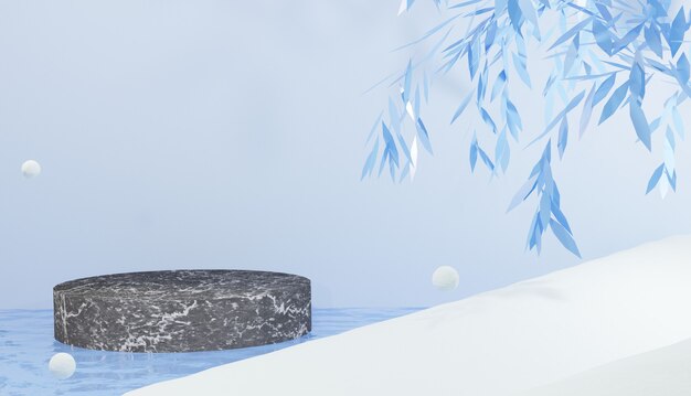 Marble podium 3d background in cold water surrounded by snow winter theme