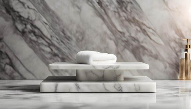 Marble podium for bathing product display on blurred bathroom background