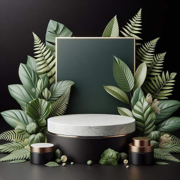 Marble Podium and Black background with Green Leaves for Product Presentation 01