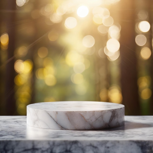 Marble podium on blurred forest background with sun shadows