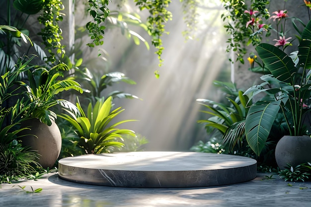 Marble Podium Circular tropical natural leafs plants cosmetic product placement pedestal present pr
