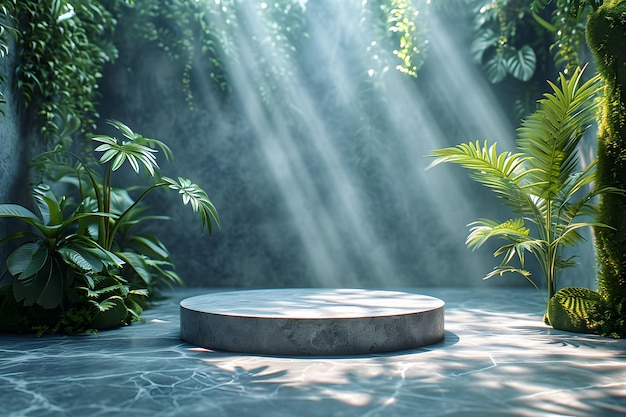 Marble Podium Circular tropical natural leafs plants cosmetic product placement pedestal present pr