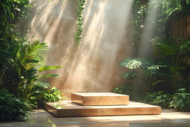 Marble Podium Circular tropical natural leafs plants cosmetic product placement pedestal present pr