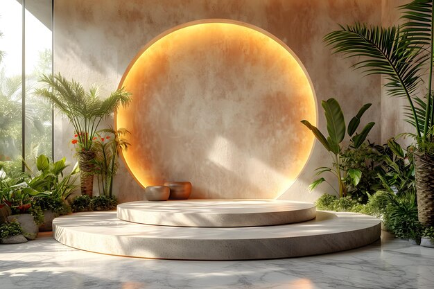 Marble Podium Circular tropical natural leafs plants cosmetic product placement pedestal present pr