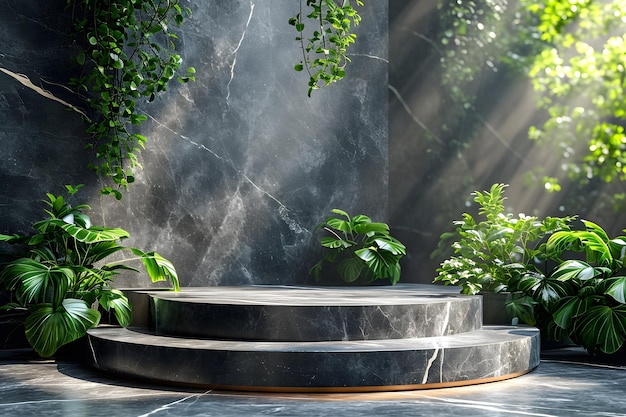 Marble Podium Circular tropical natural leafs plants cosmetic product placement pedestal present pr