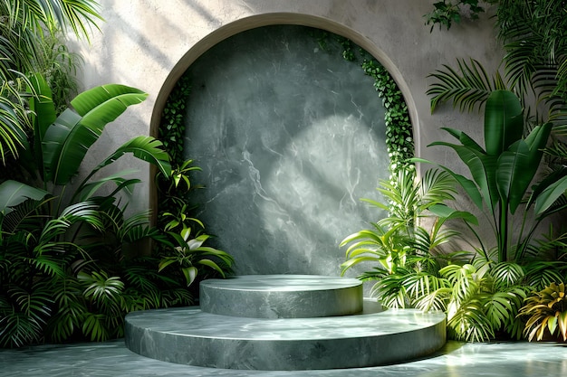 Marble Podium Circular tropical natural leafs plants cosmetic product placement pedestal present pr