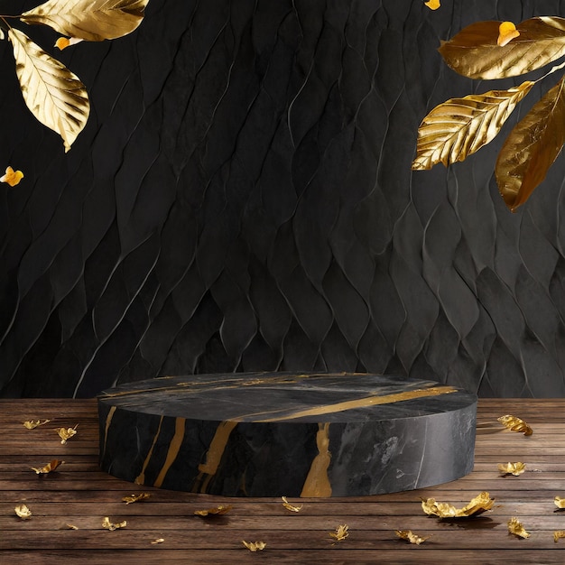 Marble podium on a dark wooden floor with golden leaves on a dark background Ai Generated