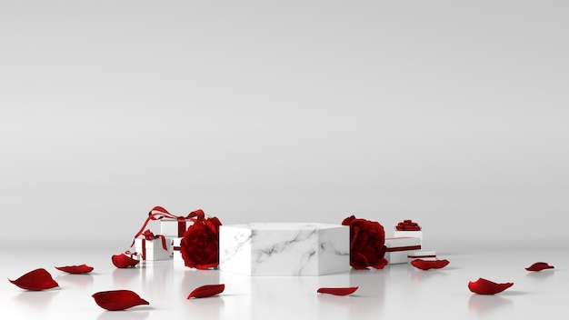 Marble Podium for product placement decorated with rose and gift boxes