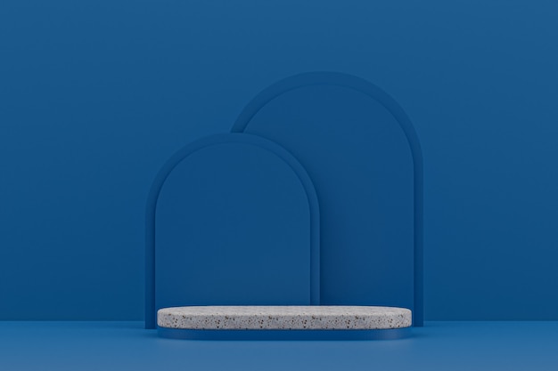 Marble podium shelf or empty Product Stand minimal style on dark blue background for cosmetic product presentation.