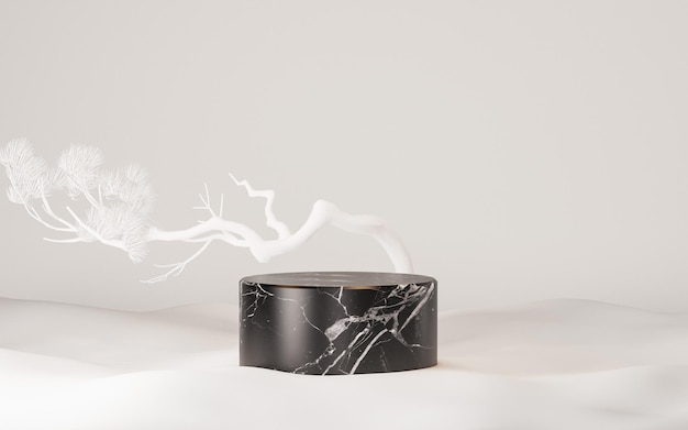 Marble podium and white dry tree twigs on white sand Trendy 3d render