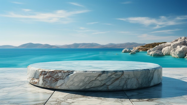 Marble podium with ocean background