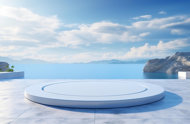 мраморный подиум с летним видом на море на заднем плане