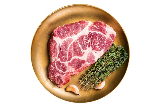 Marble pork steak raw neck meat with thyme Isolated on white background