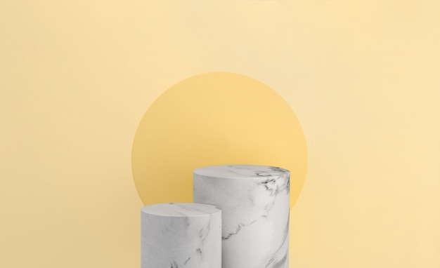 Marble product display on yellow background with modern backdrops studio for summer sunny. Empty pedestal or podium platform. 3D Rendering.