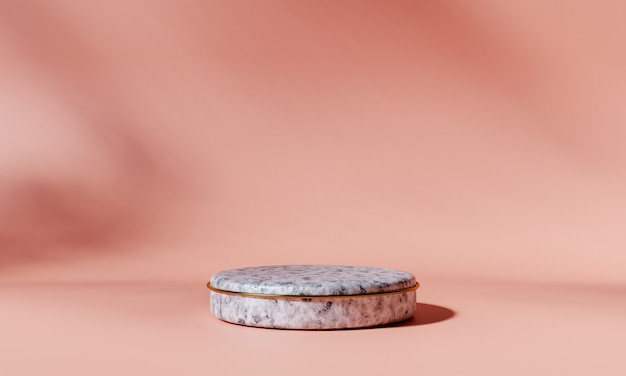 Photo marble product podium with golden ring on pink background. 3d rendering.