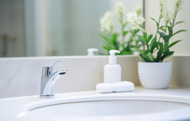 Foto rubinetto per sapone spazzolino lavandino in marmo su sfondo chiaro del bagno