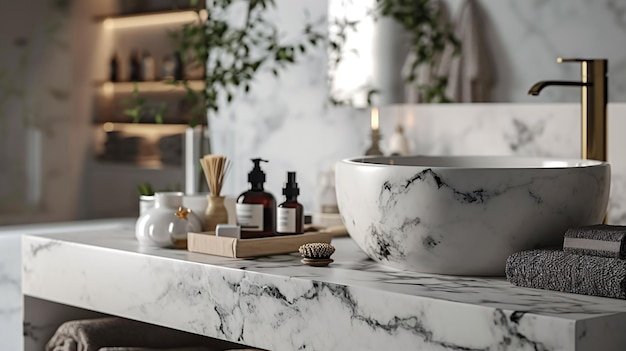 Marble stand for showcasing bath products against blurred restroom backdrop