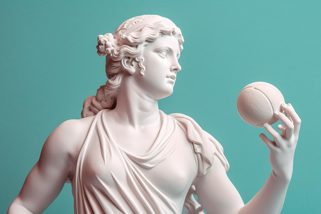 Statua in marmo di un'antica dea greca che fa sport su sfondo pastello scultura del giocatore di gioco della palla standard di bellezza corpo ideale attività sportive fitness sport pubblicità conceptai generato