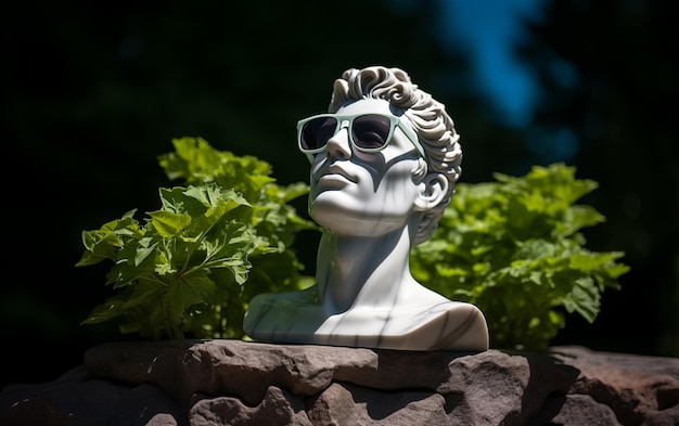 Foto statua in marmo con occhiali colorati torso su un supporto