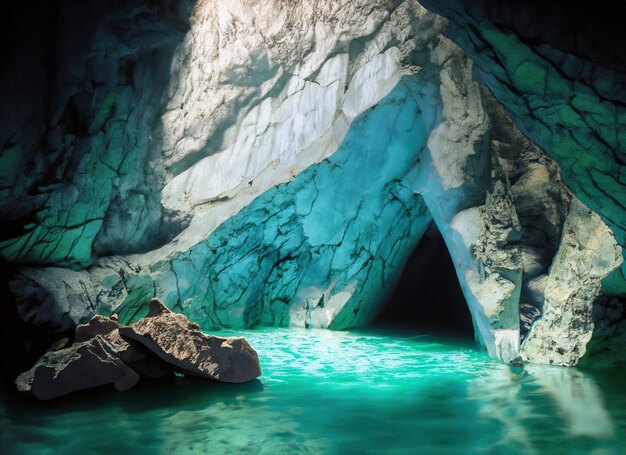 marble stone cave with dark green water river