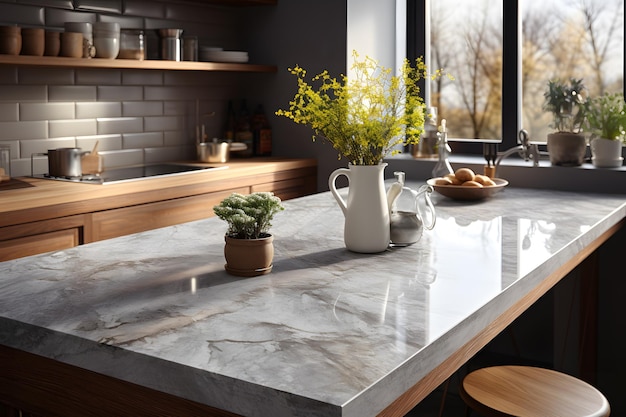 Photo marble stone countertop on kitchen interior