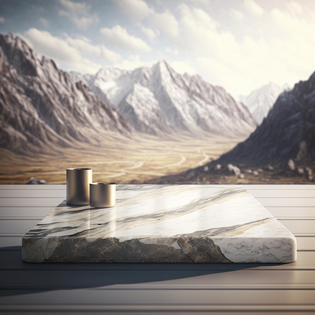 Marble stone podium in the desert with mountains in the background generative ai