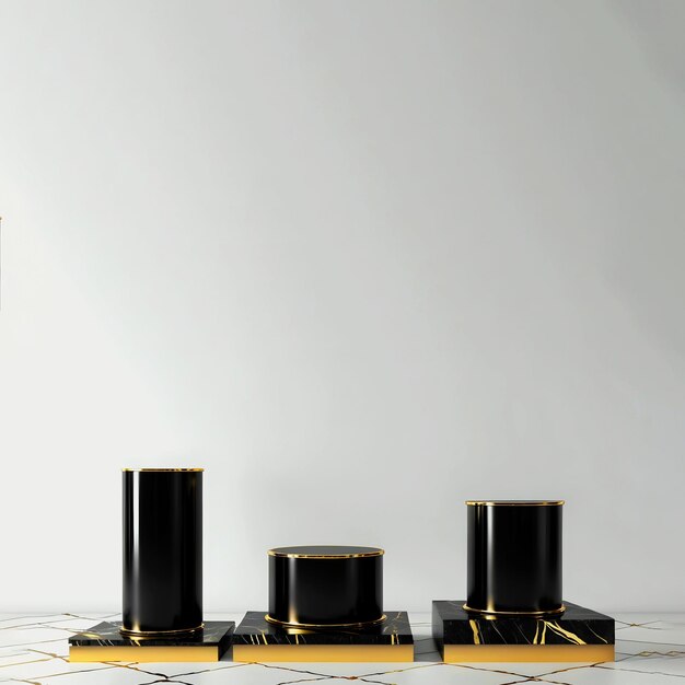 Marble stone podium mockup black cylinders on 3d render 3 step golden base pedestal stage on tiles